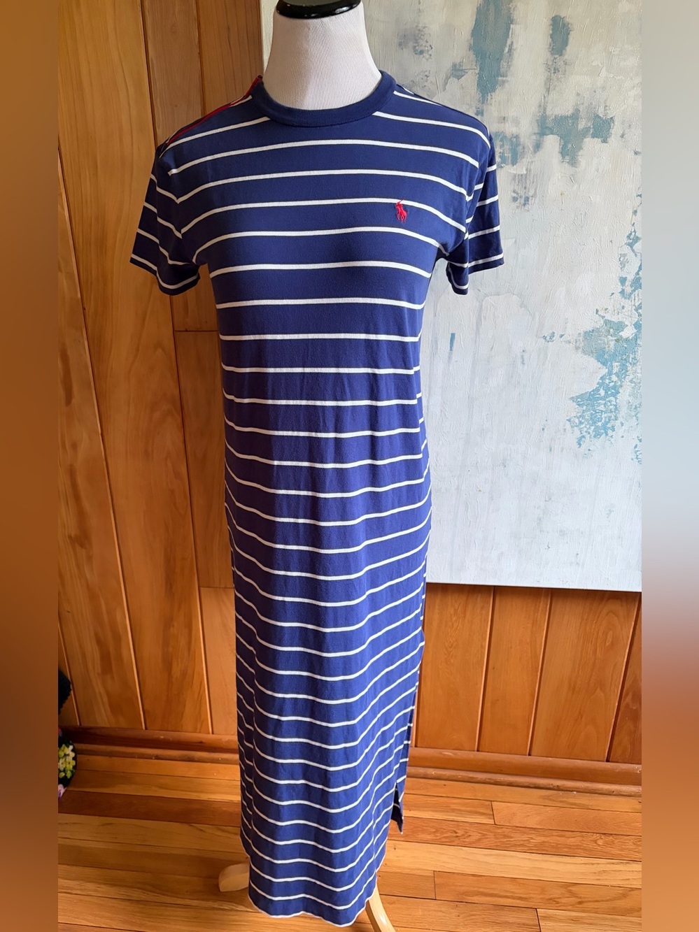 POLO Ralph Lauren Navy Stripe Knit T-Shirt Dress. Red Pony Logo. Maxi. Sz. XS